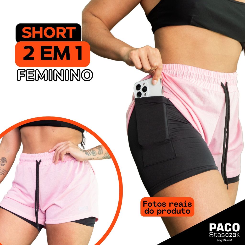 Shorts Academia Feminino 2em1 DryFit Bermuda Legging Dupla pra Caminhadas e Treinos com Bo...