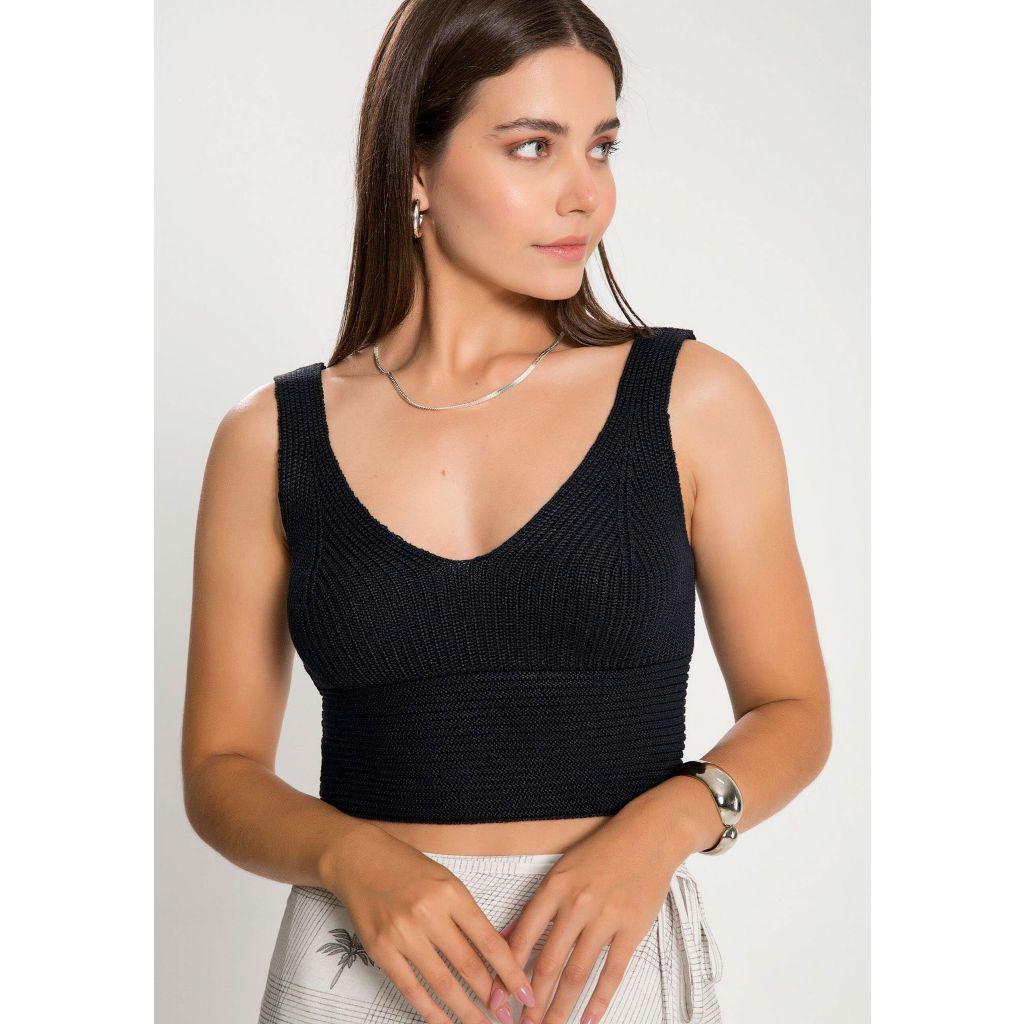 Blusa Cropped Lunender de Tricô Decote em V Branco off, Pink e Preto - 45199