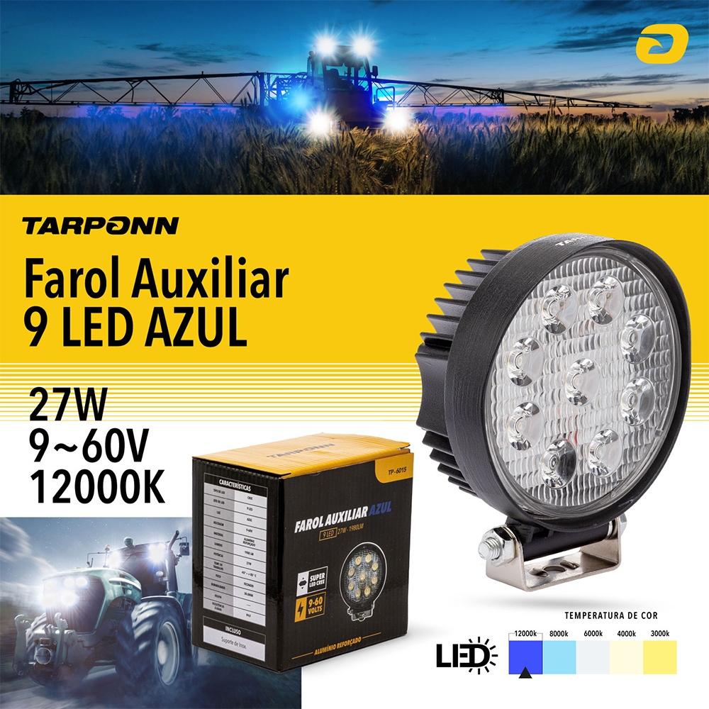 Farol Auxiliar Milha Redondo 9 Leds Cree 27w 9v/60v off-roads Azul Trator universal em Oferta na Shopee