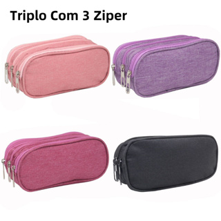 Estojo 3 Ziper Triplo Escolar Masculino Feminino Grande Com 6 Cores Para Escolher em Oferta na Shopee