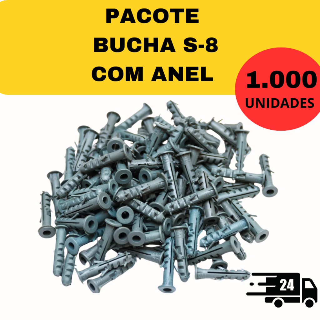 KIT 1.000  BUCHA PLASTICA 8MM COM ANEL S-8