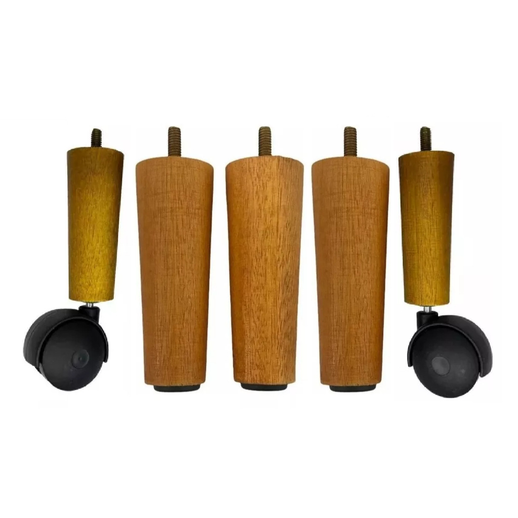 Pés Para cama Box Cama casal Solteiro 5 unidades 3 fixos 2 Rodinhas 12cm de Altura mel Rustico