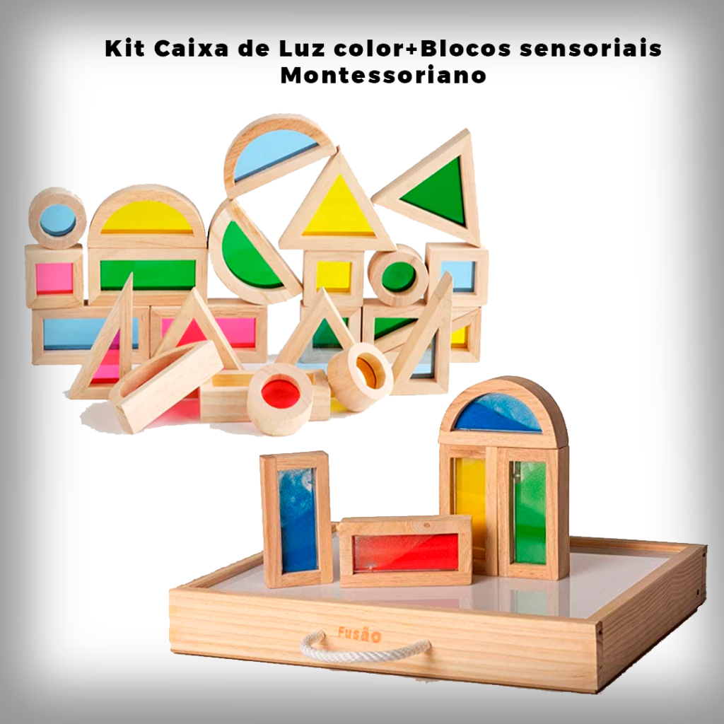 Kit Brinquedo Pedagógico caixa de Luz + Bloco translúcido Montessoriano Madeira pinus
