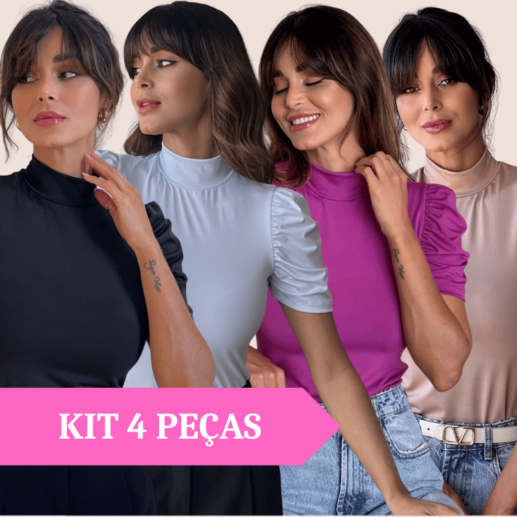 Kit 4 Peças Blusa Feminina Manga Princesa Gola Alta Basica Malha Suplex Confortável Estilosa