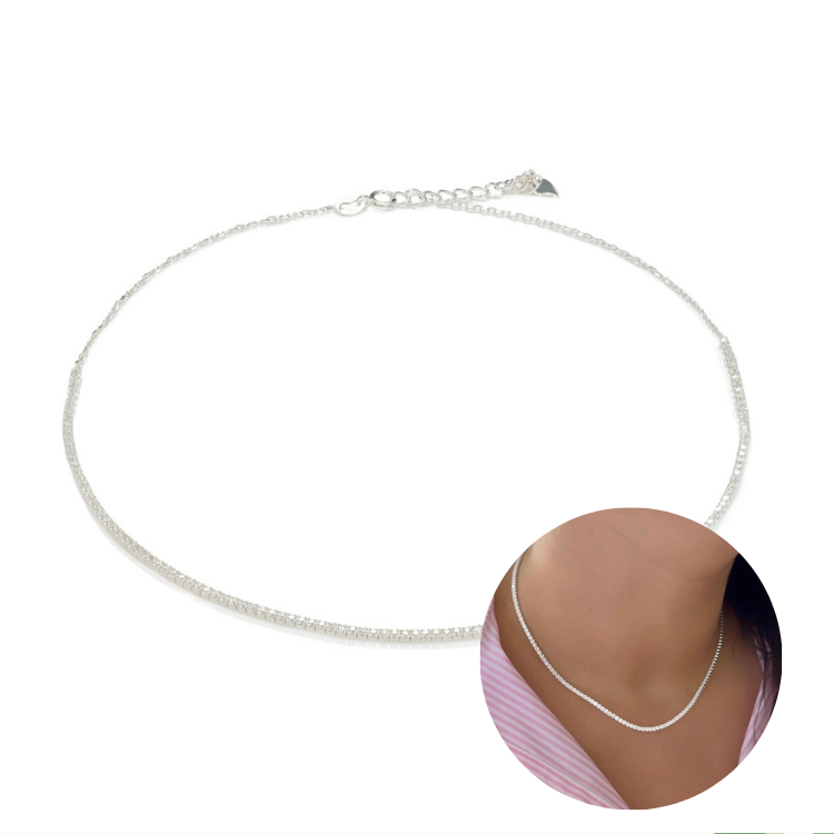 Colar Modelo Choker Rivieira Cravejado com Zircônias de Prata 925 Legitima