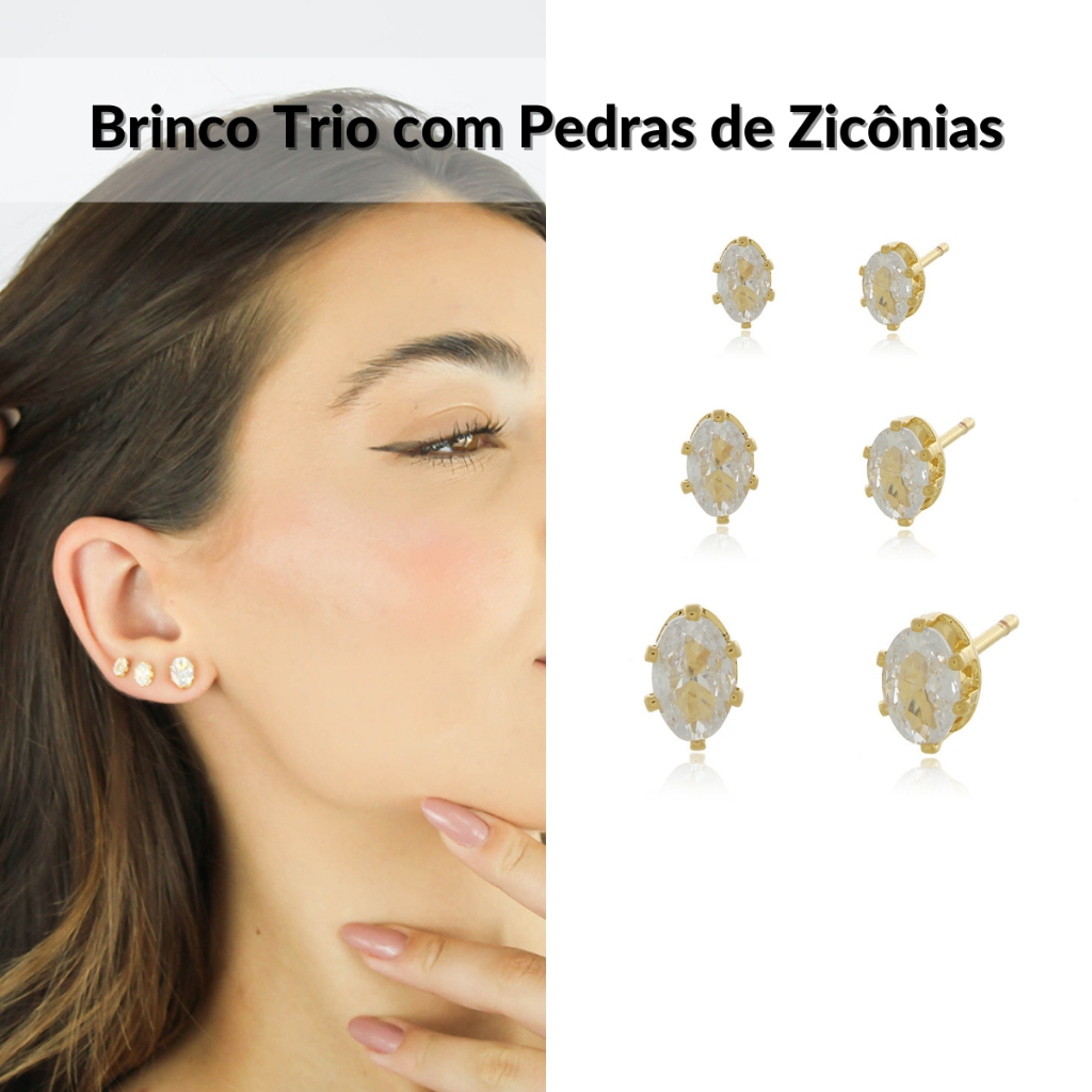 Brinco Trio de Pedras de Zircônias Oval Semi Joia Banhado Ouro 18k Presente Mae Esposa Namorada