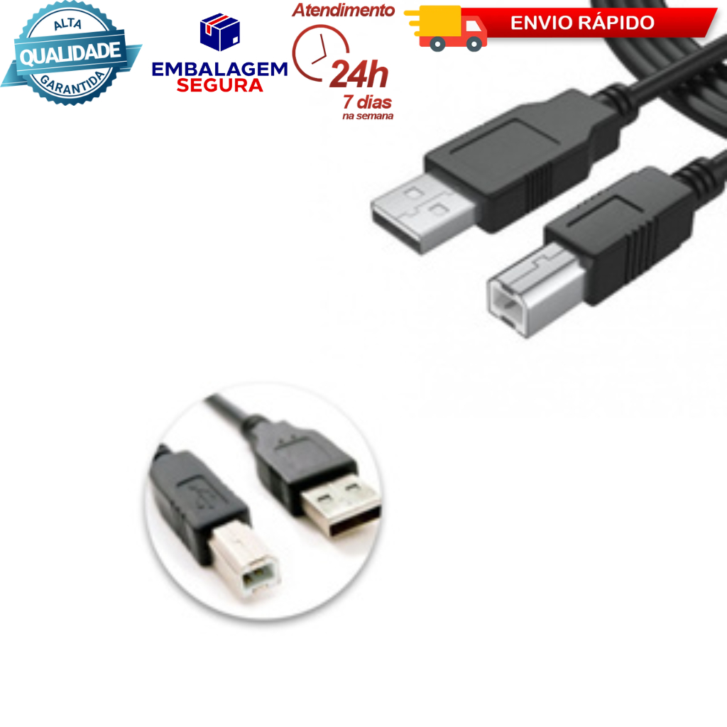 Cabo Fio Impressora Scanner 1.5m 3m 1.5 3 metros USB 2.0 Brother Canon Epson HP Lexmark Samsung Kyocera Xerox Multifuncional