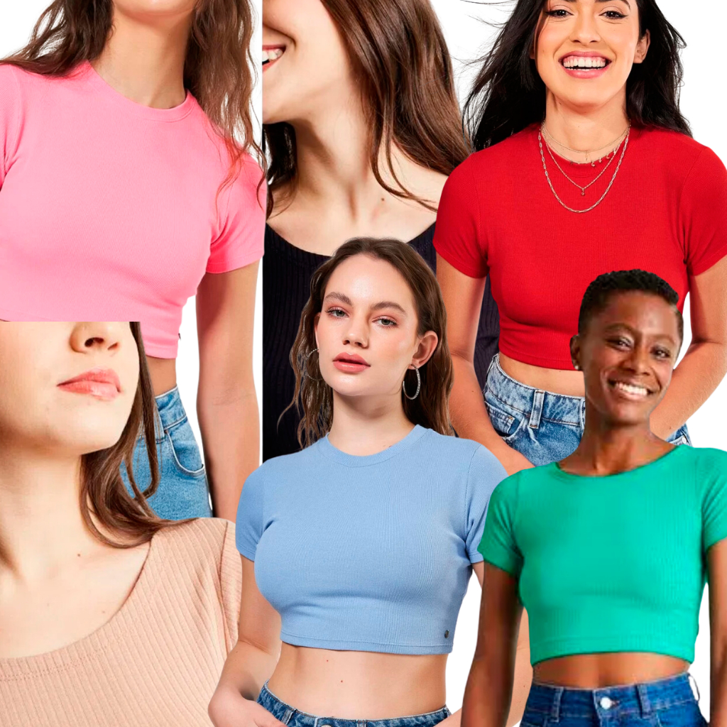 Kit 3 Cropped Canelado Blusinha Manga Curta Gola Redonda Revenda