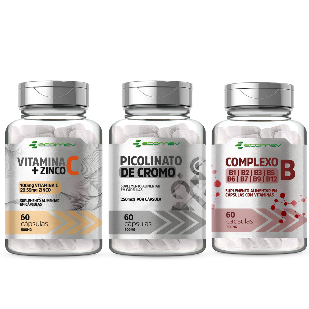 Kit Vitamina C + Zinco Quelado + Picolinato de Cromo + Complexo B 500Mg 180 Cáps