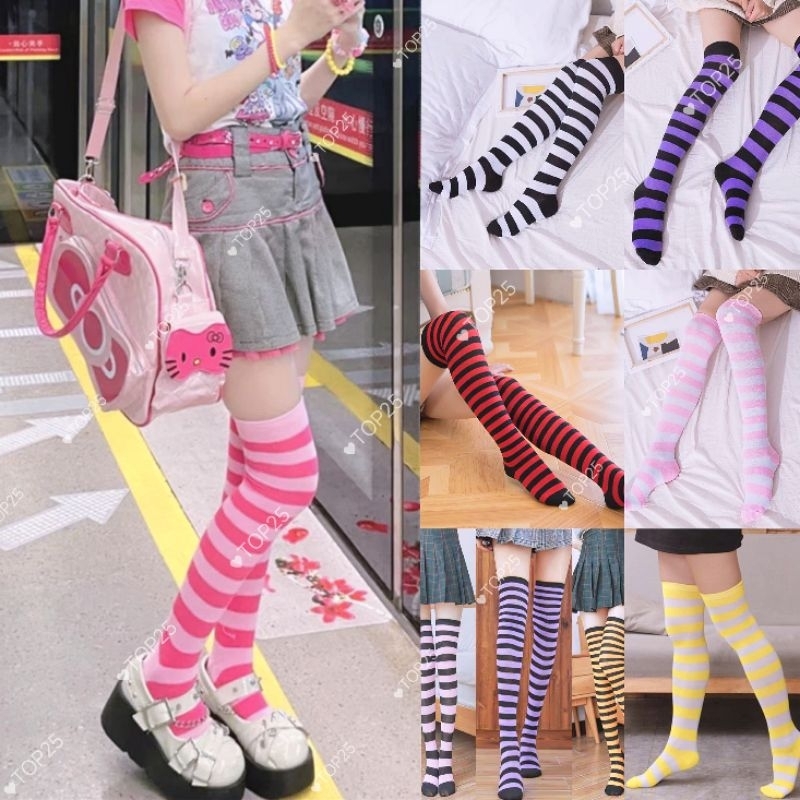 Meia 7/8 acima do joelho padrão listrado de arco-íris/PRETO em Oferta na Shopee