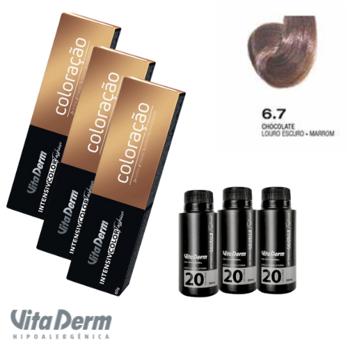 KIT COM 3 COLORAÇÃO 6.7 LOURO ESC MARROM - CHOCOLATE + 3 LOÇÃO REVELADORA 20VL 90ML  VITA DERM