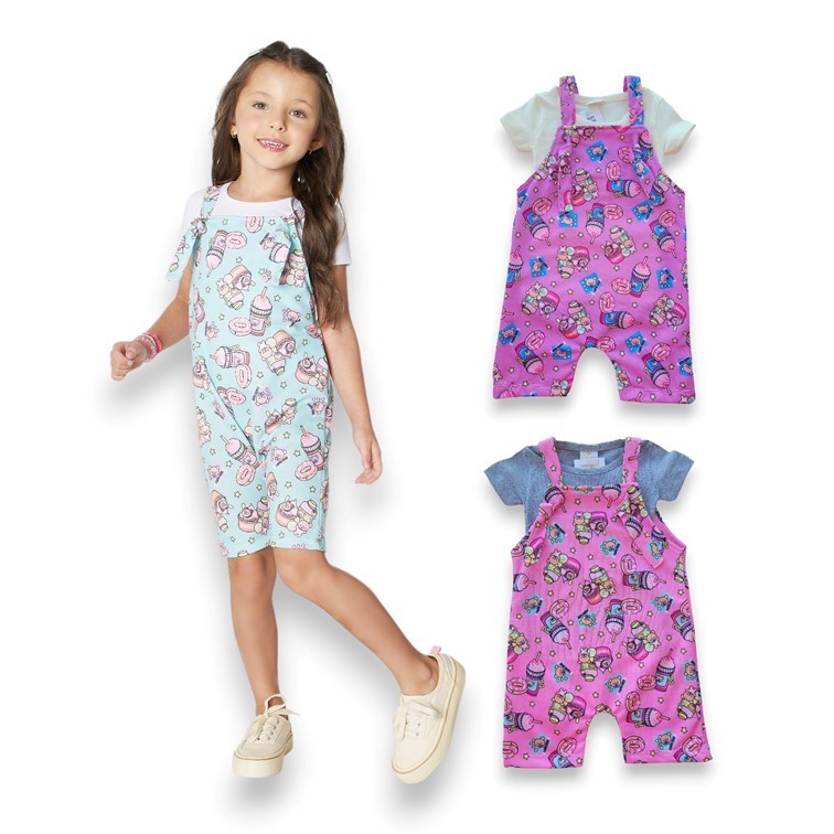 Jardineira Salopete Tam 1/2/3 Estampada - 2 peças Salopete + Blusa algodão. Roupa de Menina Infantil Verão