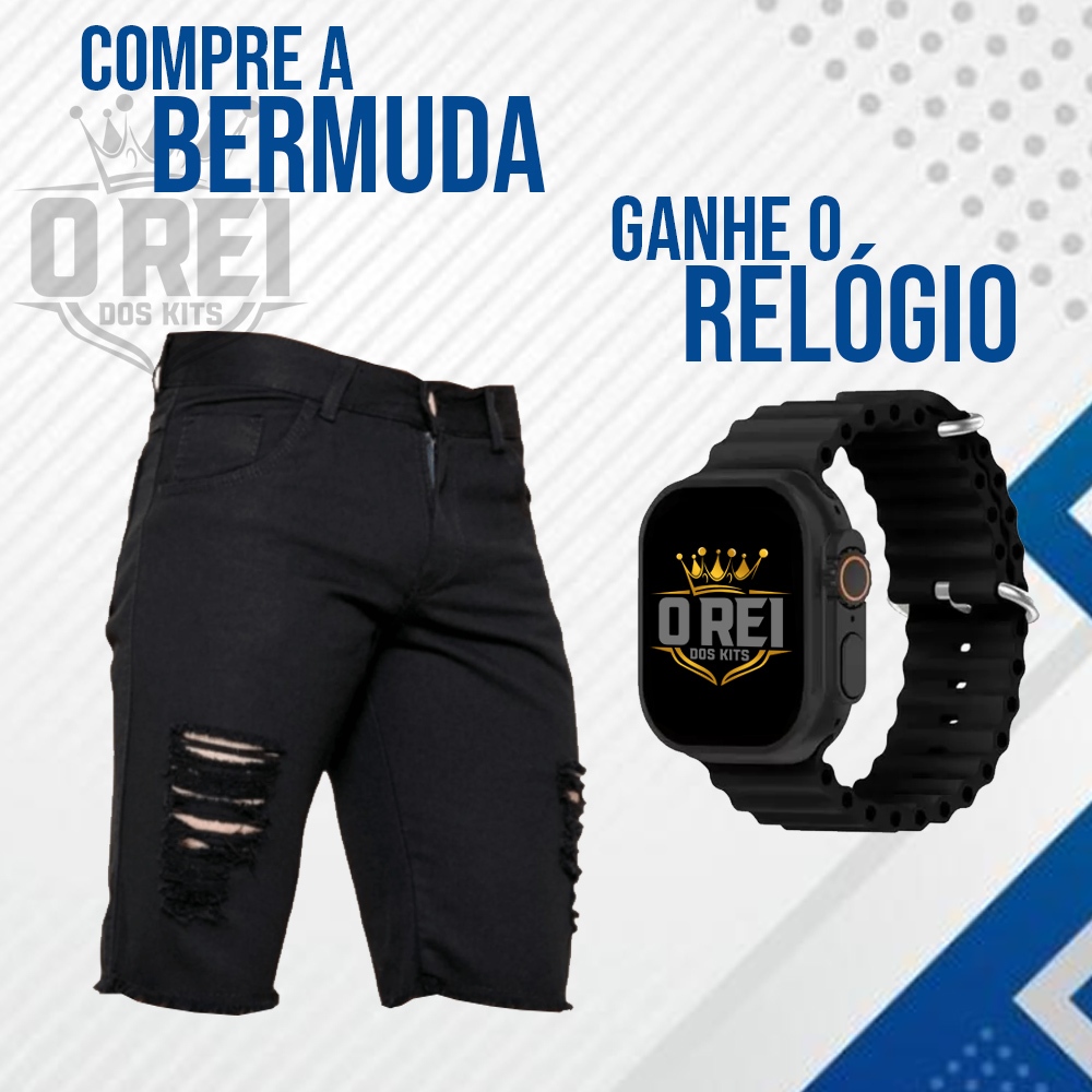 Kit Masculino Bermuda Jeans Preta Rasgada Desfiada com Lycra+Relogio Digital Led Esportivo Ultra Led