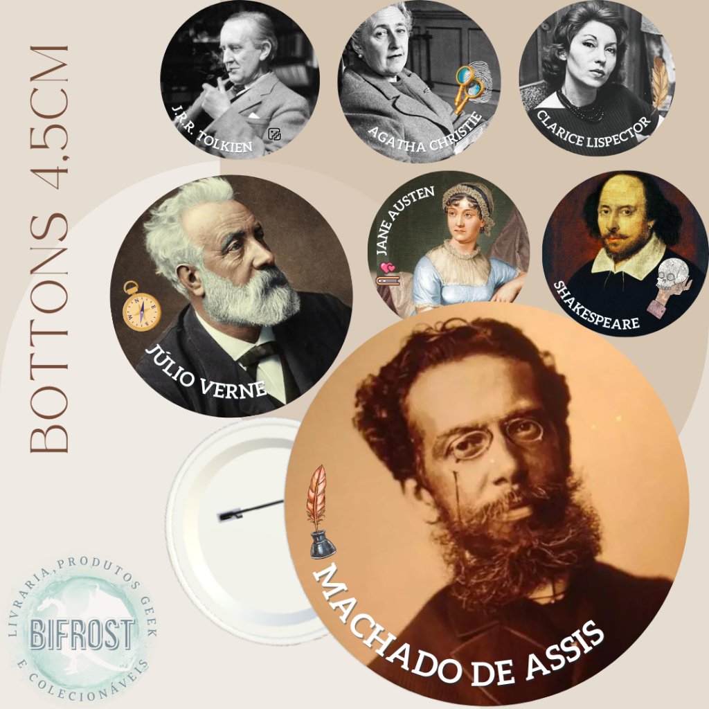 Kit 9 bottons Grandes escritores mundiais Pin colecionável lembrancinha Geek Otaku