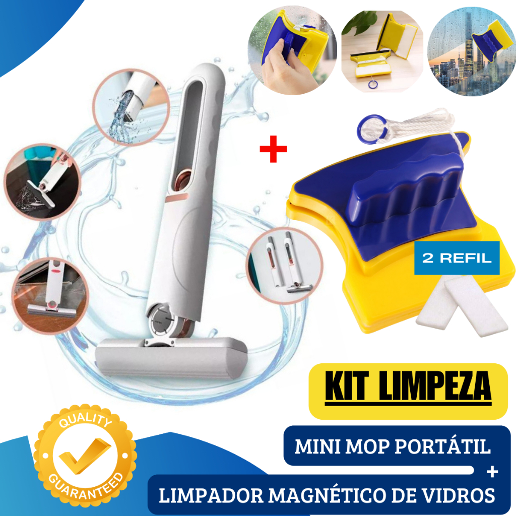 Limpador de Vidros Magnético Janelas Rodo Mágico Imã 2 REFIL + Mini MOP Esfregão Portátil PREMIUM