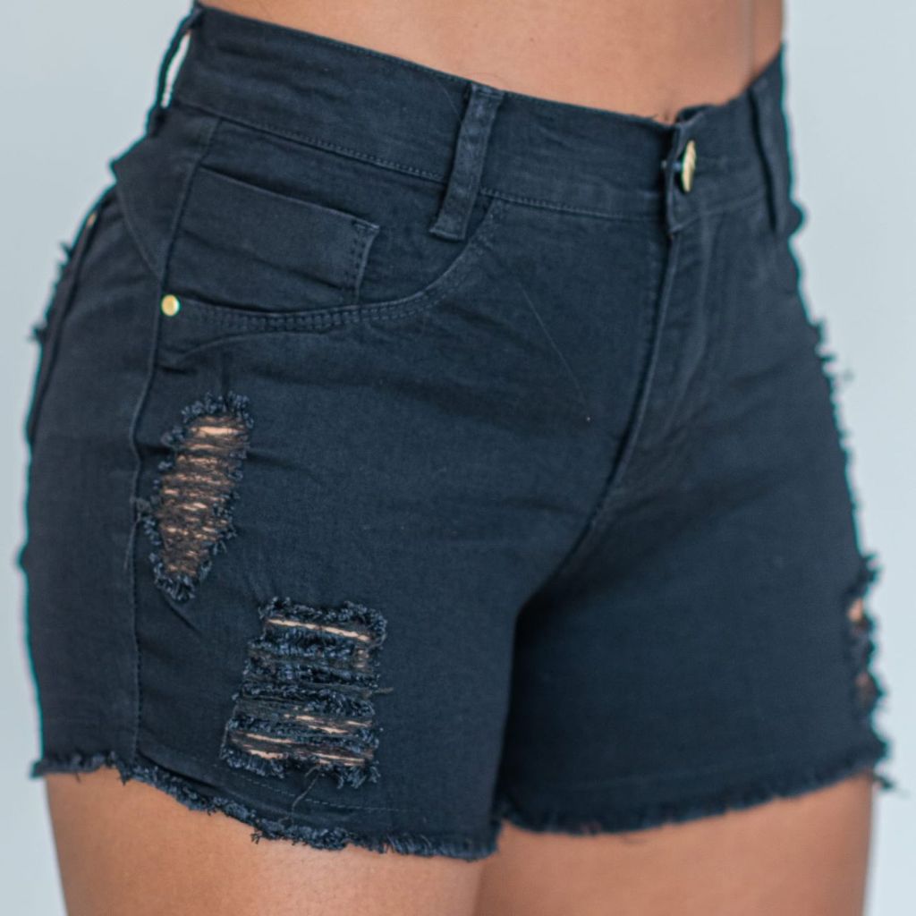 Shorts Jeans Feminino Preto Curto Cintura Alta Destroyed Lycra Hot Pants Desfiado Blogueira