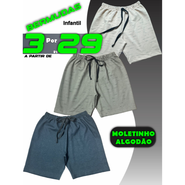 Kit Com 3 Bermudas Para Menino de Moletinho de Algodão - Roupa de Menino - Shorts Masculino em Cores Sortidas