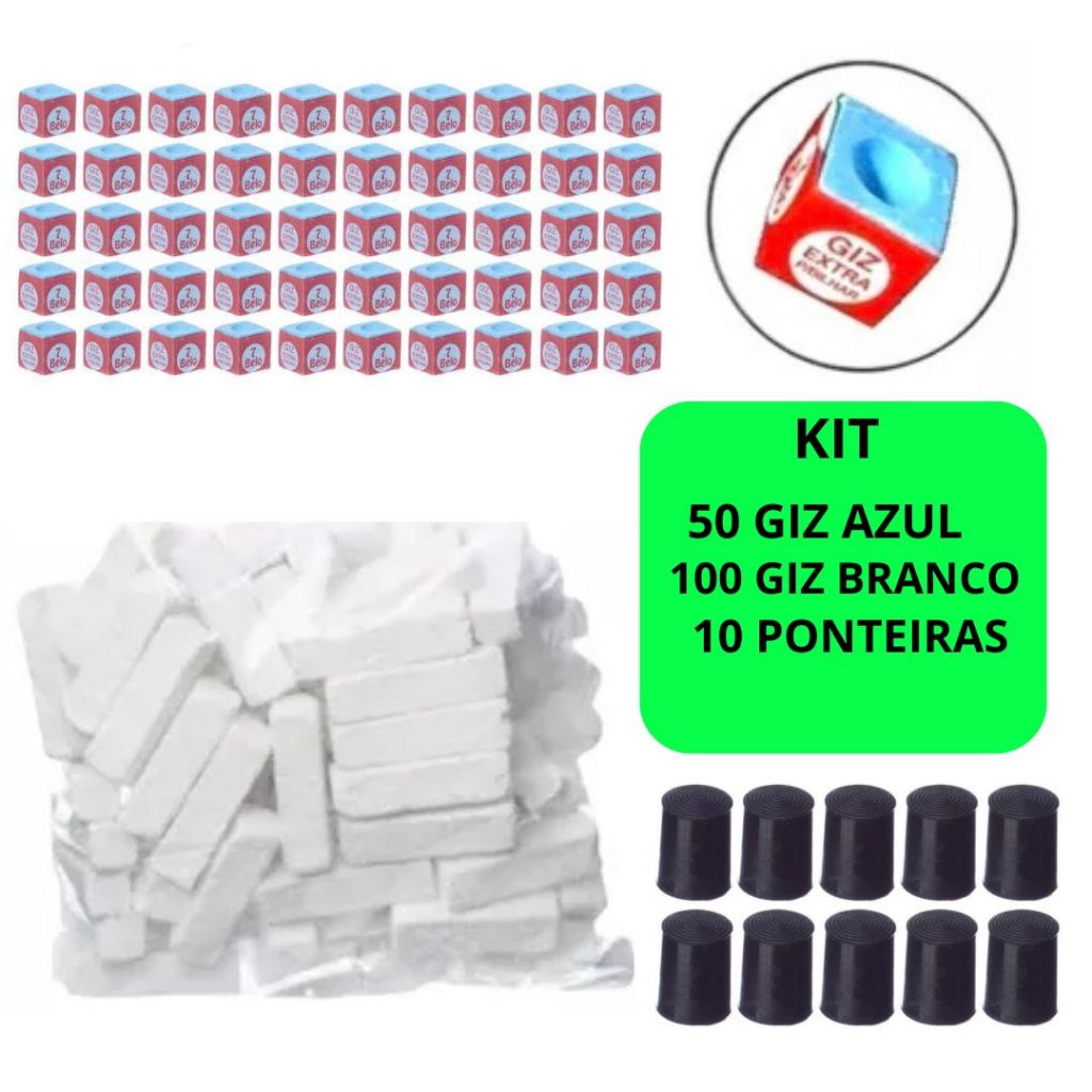 50 Giz Azul + 100 Giz Branco + 10 Ponteiras Virola Rista Kit para Sinuca Bilhar Snooker em Oferta na Shopee