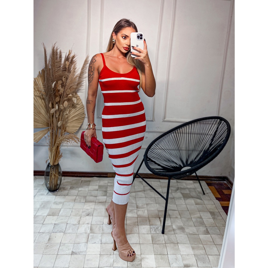 Vestido Feminino Tricô Listrado Mídi Canelado com Alça Decote V 36 ao 42 Lupinacci Tricot em Oferta na Shopee