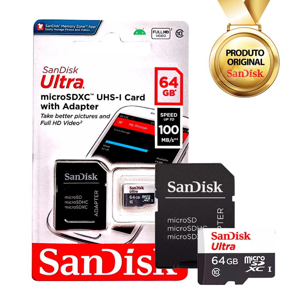 Cartão Memória Sandisk Ultra C/ Adaptador 64gb Modelo Sdsquns-064g
