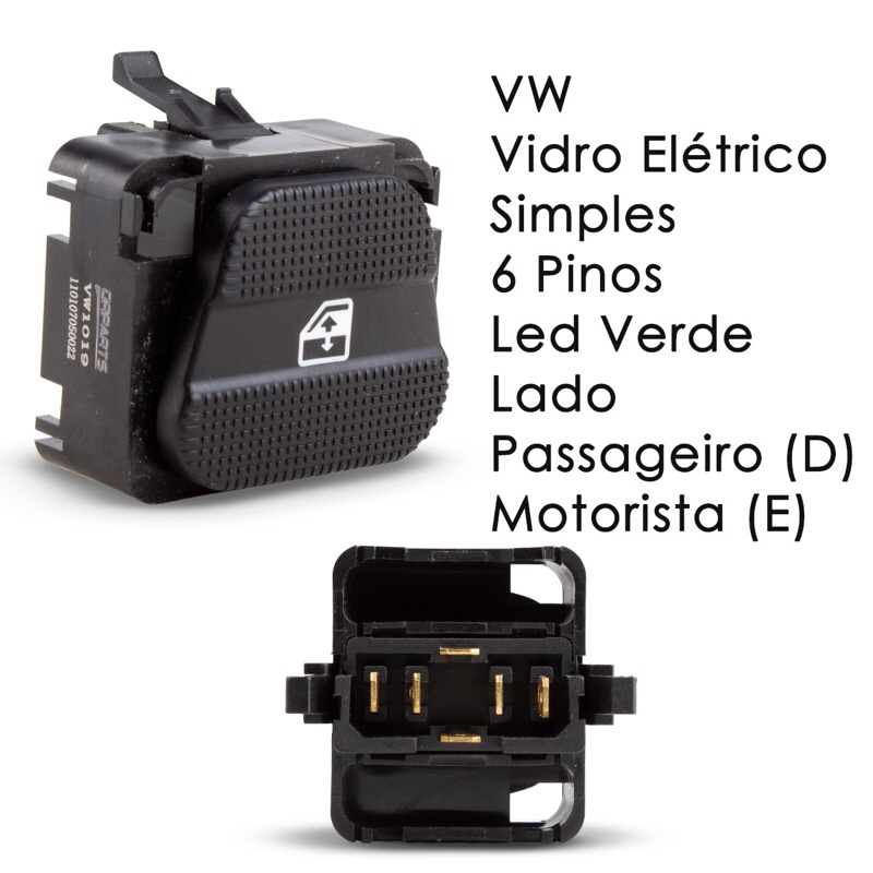 INTERRUPTOR DO VIDRO ELETRICO DIANTEIRO SIMPLES VW GOLF 95/98 6 PINOS LED VERDE LADO PASSAGEIRO TRASEIRO LADO MOTORISTA/ PASSAGEIRO ORIG 1H095985601C OR PARTS VW1019