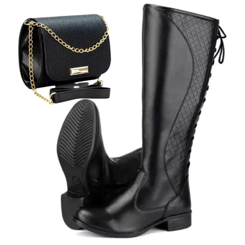 Bota Montaria Feminina Casual Moderna de Couro Confort Com Ajuste de Amarrar Outono Inverno + Bolsa Transversal