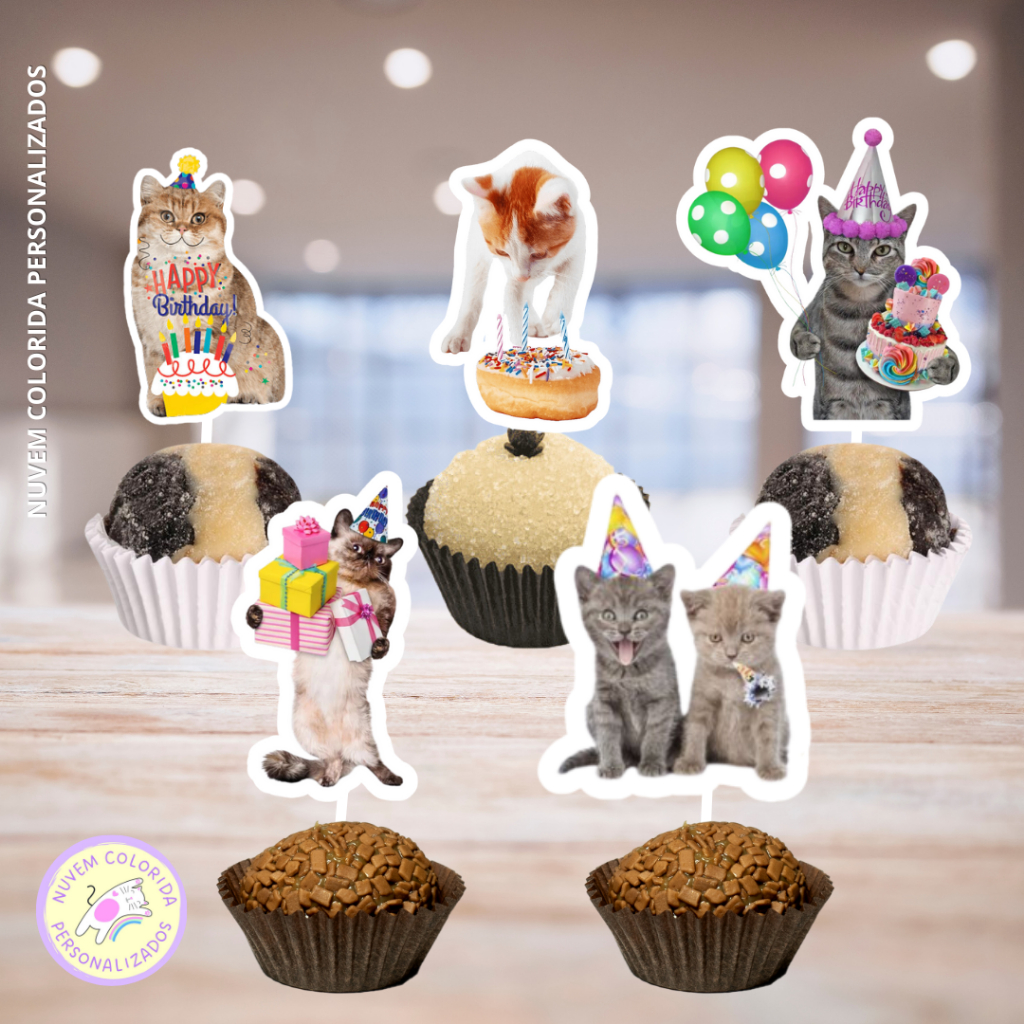 Tags Toppers Personalizados para Docinho Doces Festa Aniversário Gatinhos Parabéns em Oferta na Shopee