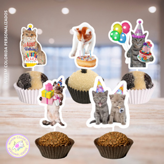 Tags Toppers Personalizados para Docinho Doces Festa Aniversário Gatinhos Parabéns em Oferta na Shopee