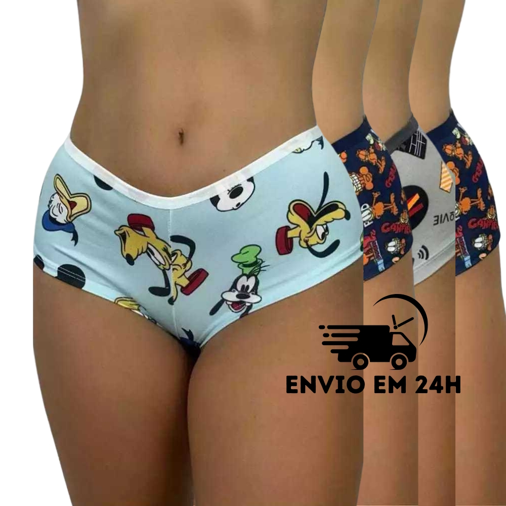 Kit com 5 Calcinha Estampada Calesson Desenhos Lingerie Moda Shortinho Personagens Boxer