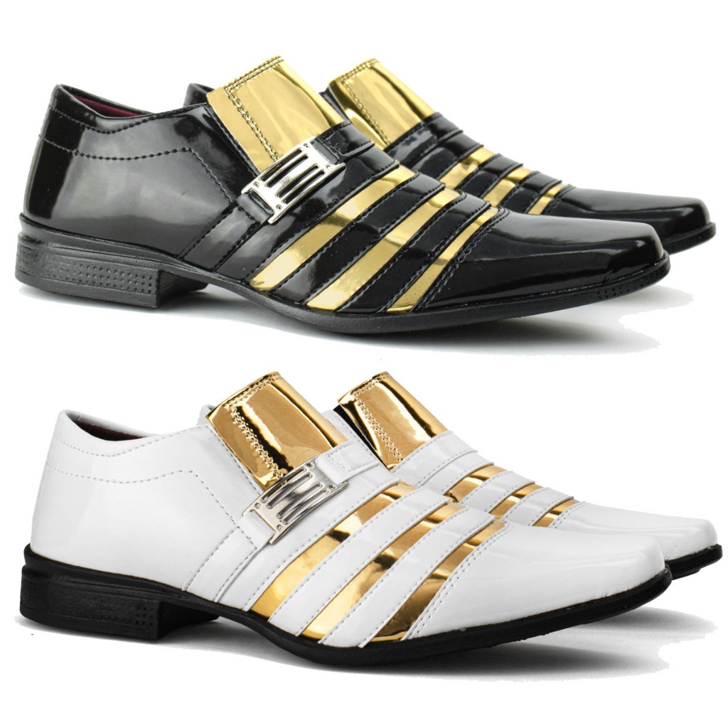 Sapato social masculino estilo dourado kit 2 pares banco e preto com dourado em Oferta na Shopee