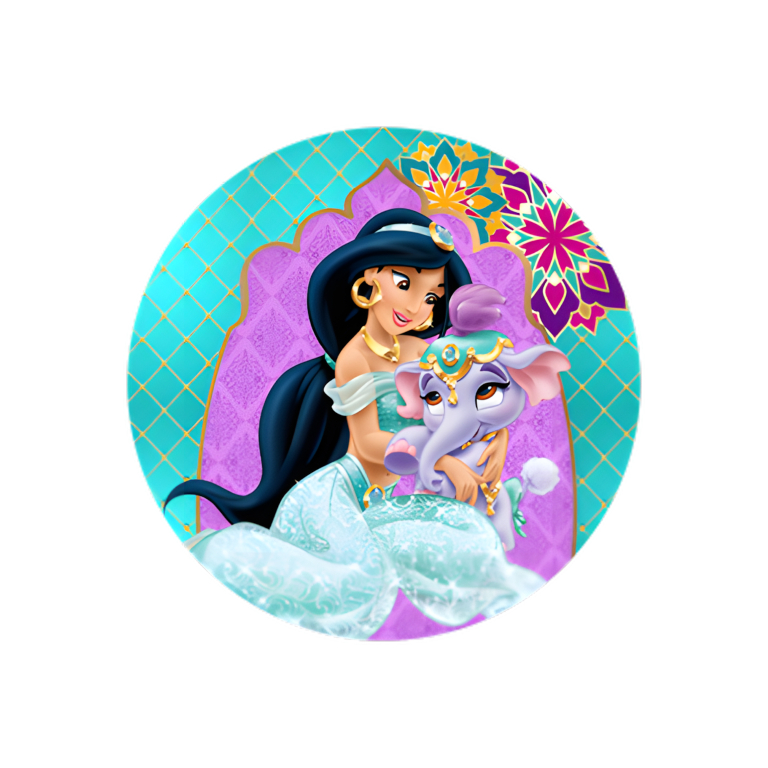Painel Festa Infantil Redondo Jasmine e Abo, Fundo Geométrico Colorido + Arco, Suporte incluso. Fazemos personalizado com qualquer tema. Confeccionado em Lona fosca, impressão de alta resolução. cenário Circular p/ Decoração
