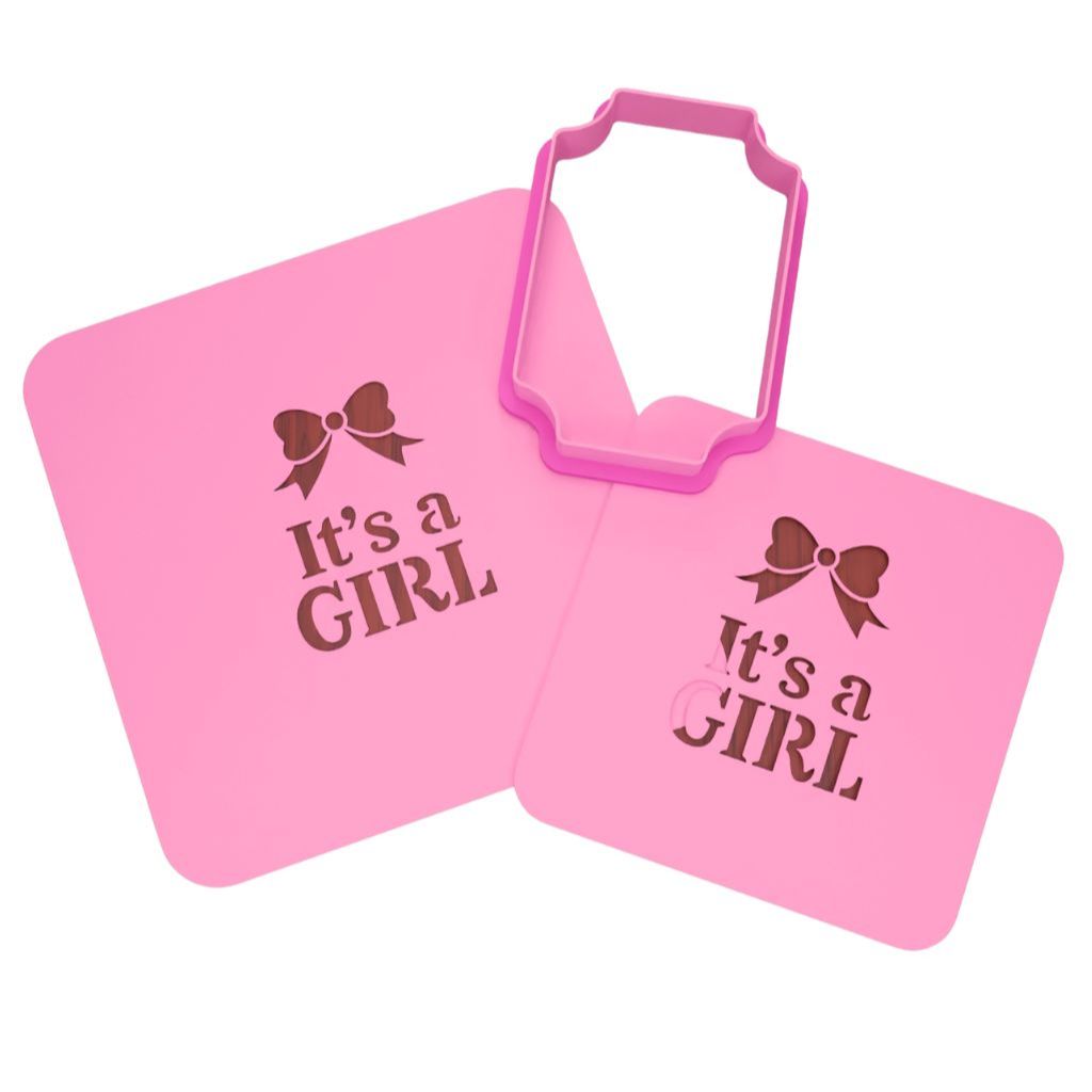 Kit Cortador com Stencil pra Confeitaria Biscoito pasta Americana Chá de Bebê Revelação It's a Girl CT11646