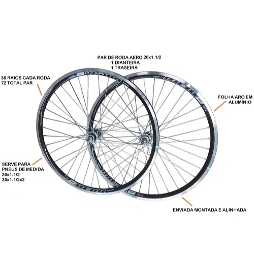 Par Roda Aero 26X 1.1/2 Monark Raio Grosso Cubos Com Rolamento De Alumínio