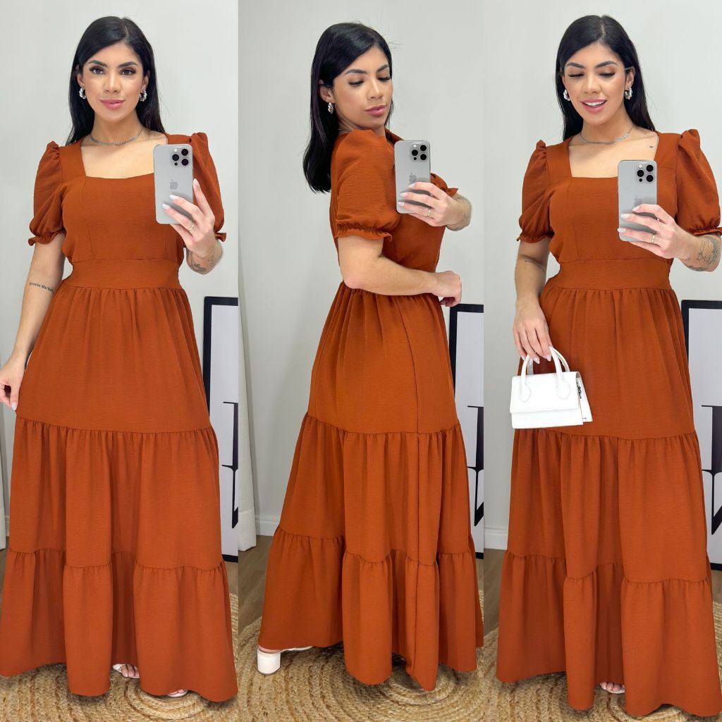 Vestido Longo Feminino Liso Com Bojo e Elastex atrás na cintura / Gola Quadrada em Oferta na Shopee