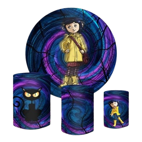 PAINEL REDONDO E CAPAS CILINDROS TECIDO SUBLIMADO TEMA CORALINE em Oferta na Shopee
