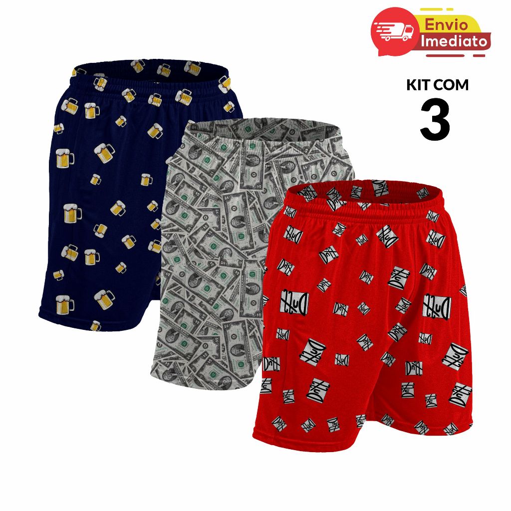 KIT 3 Shorts Samba Cançao Pijama Estampado Masculino Short Dormir em Oferta na Shopee