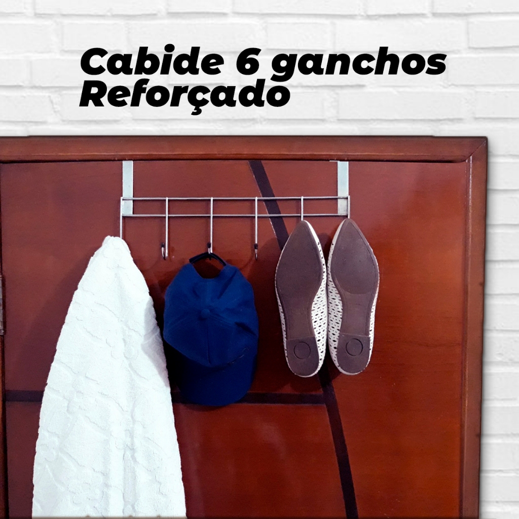 Cabide 6 Ganchos Para Porta Em Aço Organizador Quarto Banheiro Roupa Toalha Resistente Multiuso