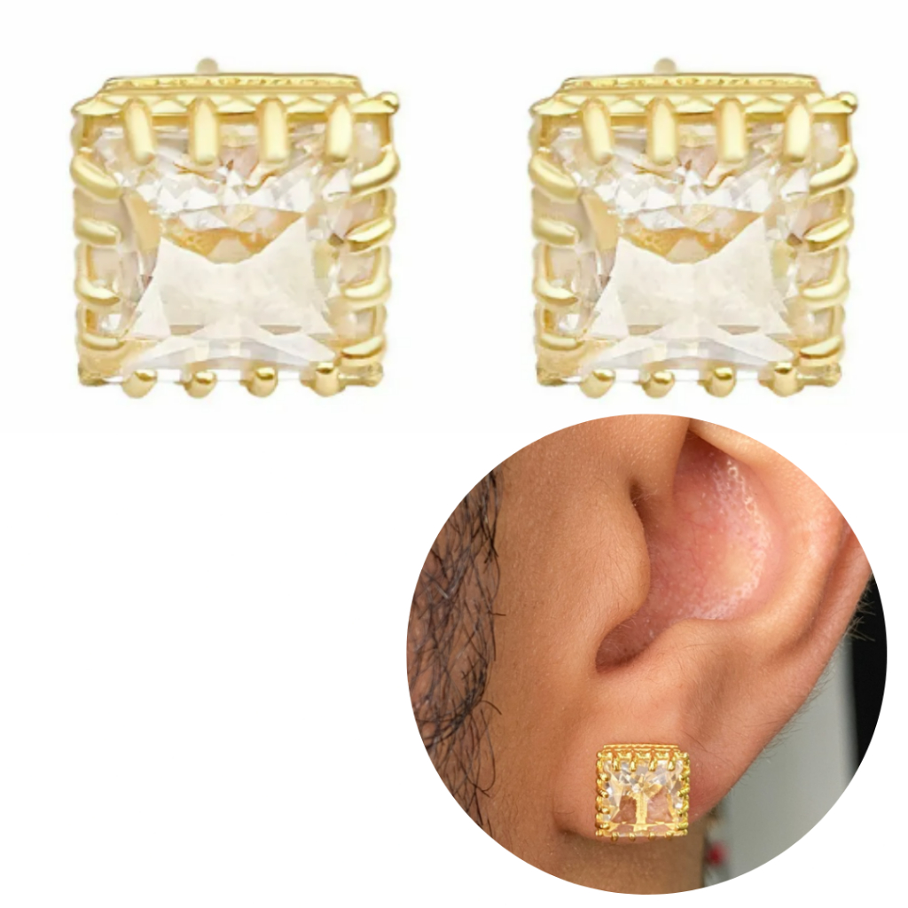 Brinco Masculino De Ouro C/ Pedra Brilhante De Zircônia Catedral Banhado a Ouro 24k Brinco Cravejado