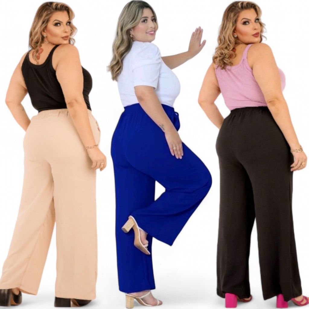 Calça Plus Size Pantalona Feminina Cintura Alta Tecido Duna Todas as Cores