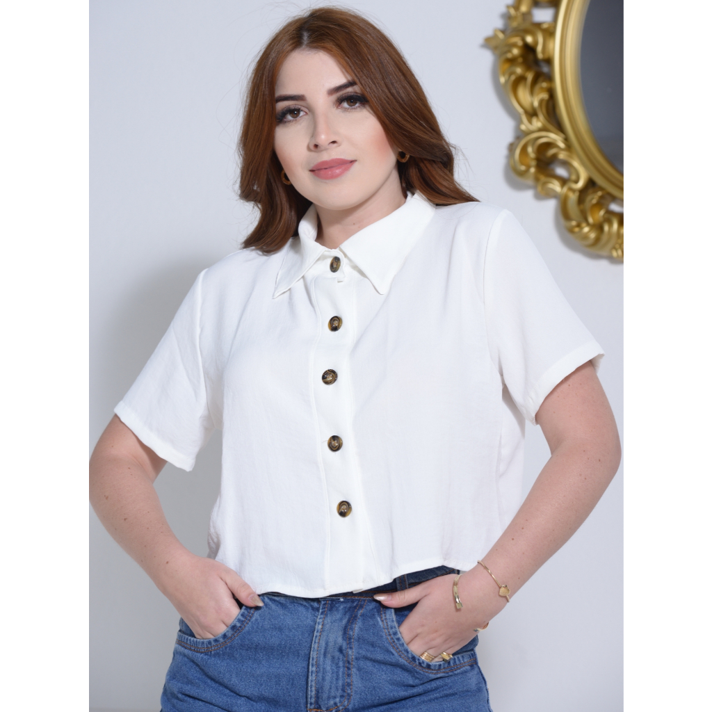 Blusinha Social Com Botões Feminina Blusa Cropped Manga Curta Em Duna