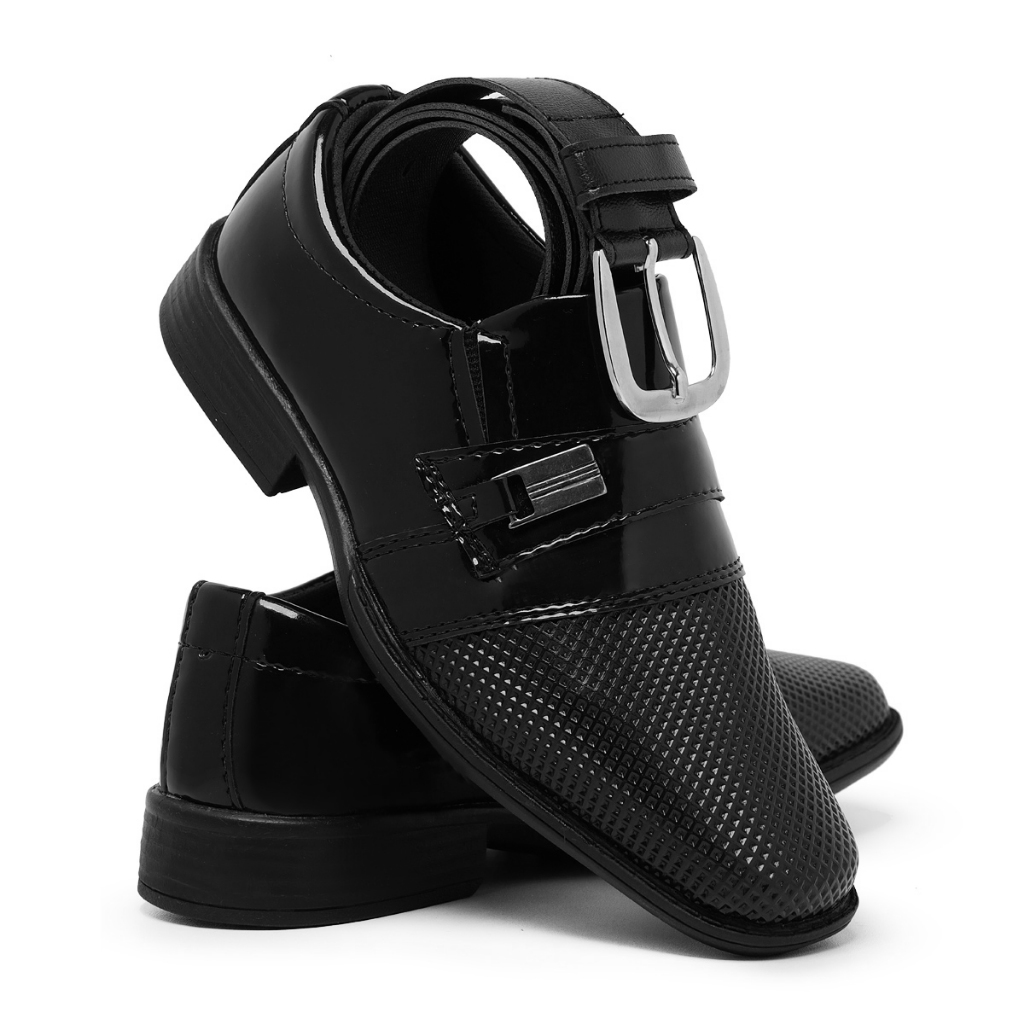 Kit Sapato Social e Cinto Infantil Masculino Menino Em Verniz Bico Quadrado Moderno Confortável