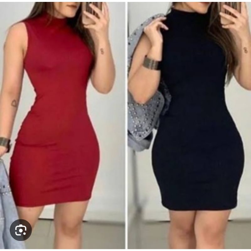 KIT 2 vestido canelado feminino mini GOLA alta varia colores em Oferta na Shopee