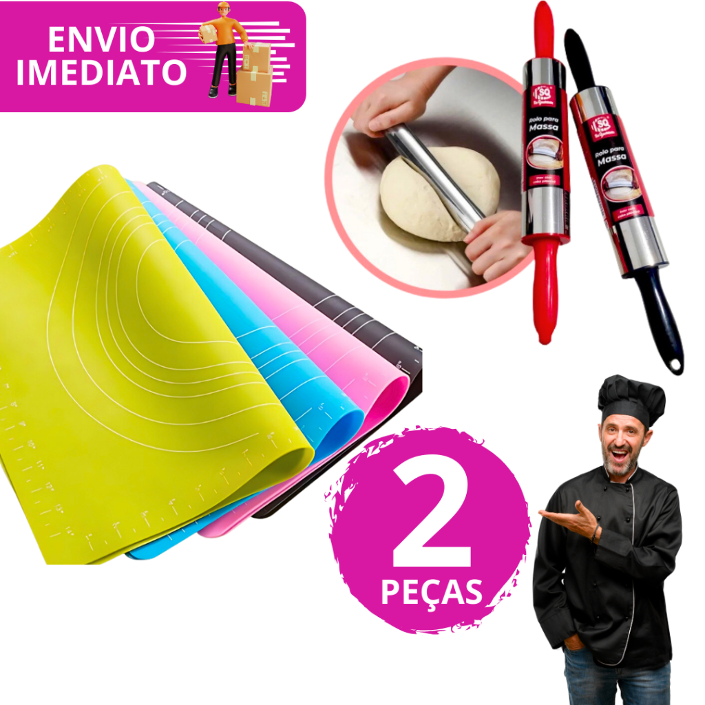 Kit 2 Peças Rolo De Massa Giratório e Tapete Culinário De Silicone Com Medidas Antiaderente