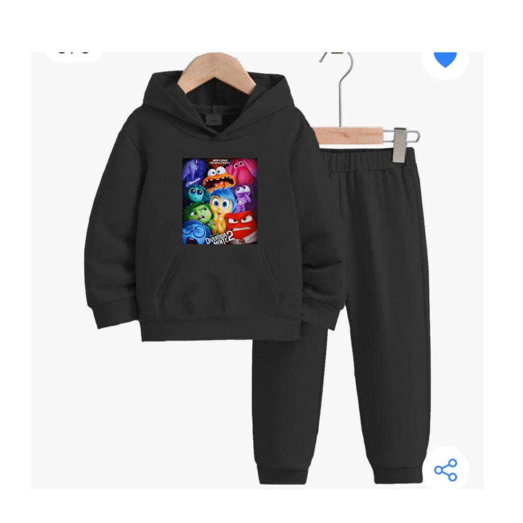 conjunto moletom e calça flanelado com capuz e bolso infantil DIVERTIDAMENTE estampa top