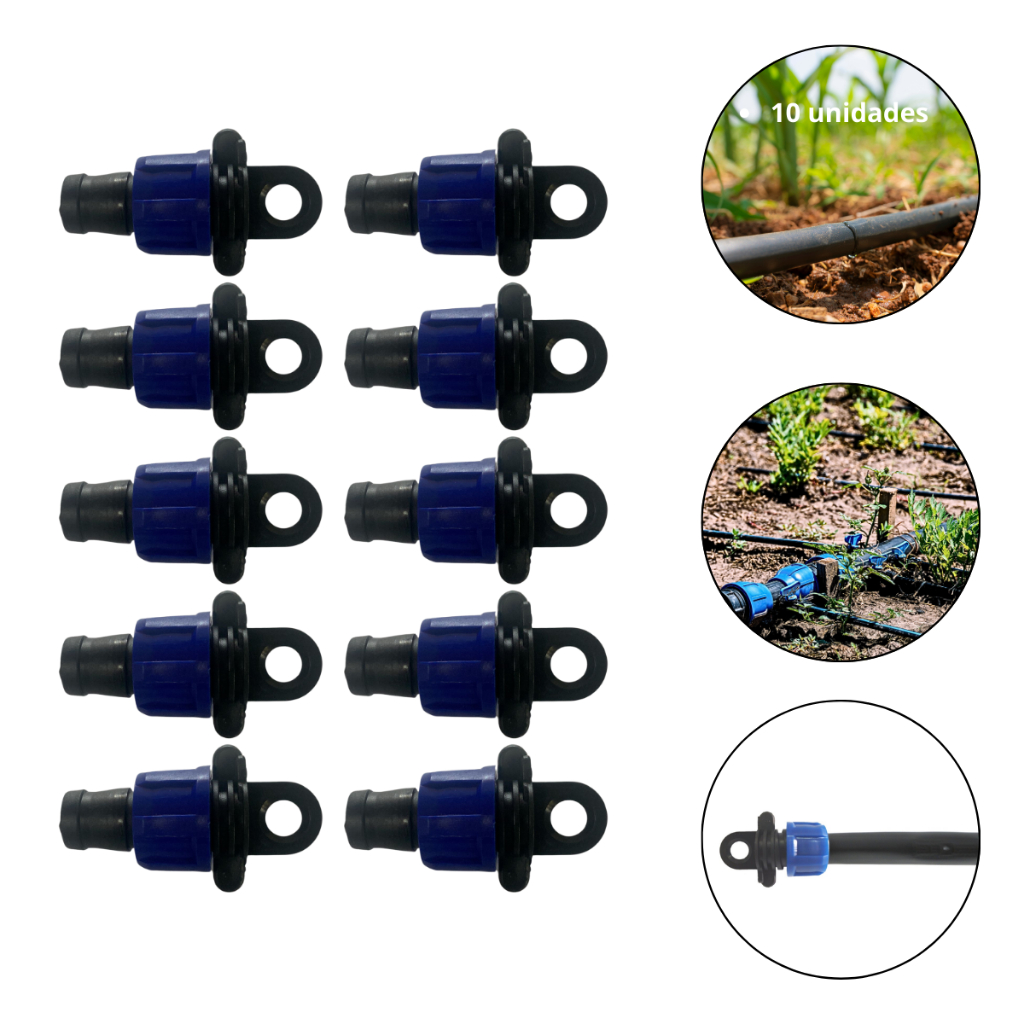 Tampão Final 16mm Com Porca Rosca Fita Gotejadora e Mangueira Cega Irrigação 10 Unidades