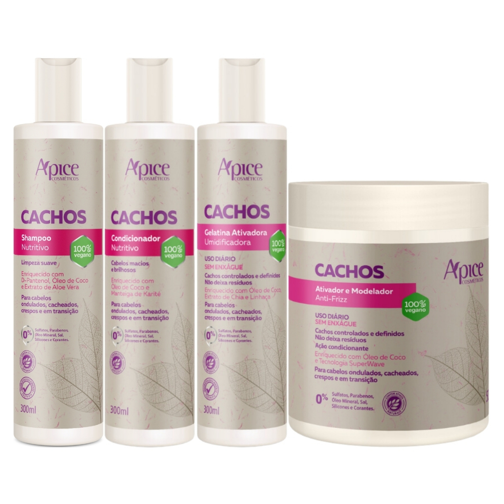 Kit Apse Cachos Shampoo + Condicionador + Gelatina + Ativador Cachos Profissional Completo