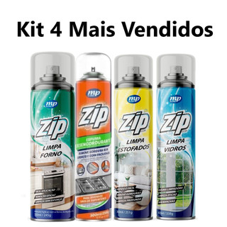 Kit 4 Produtos Mais Vendidos Zip Clean Espuma de Limpeza Desengordurante Vidros Fornos e Estofados