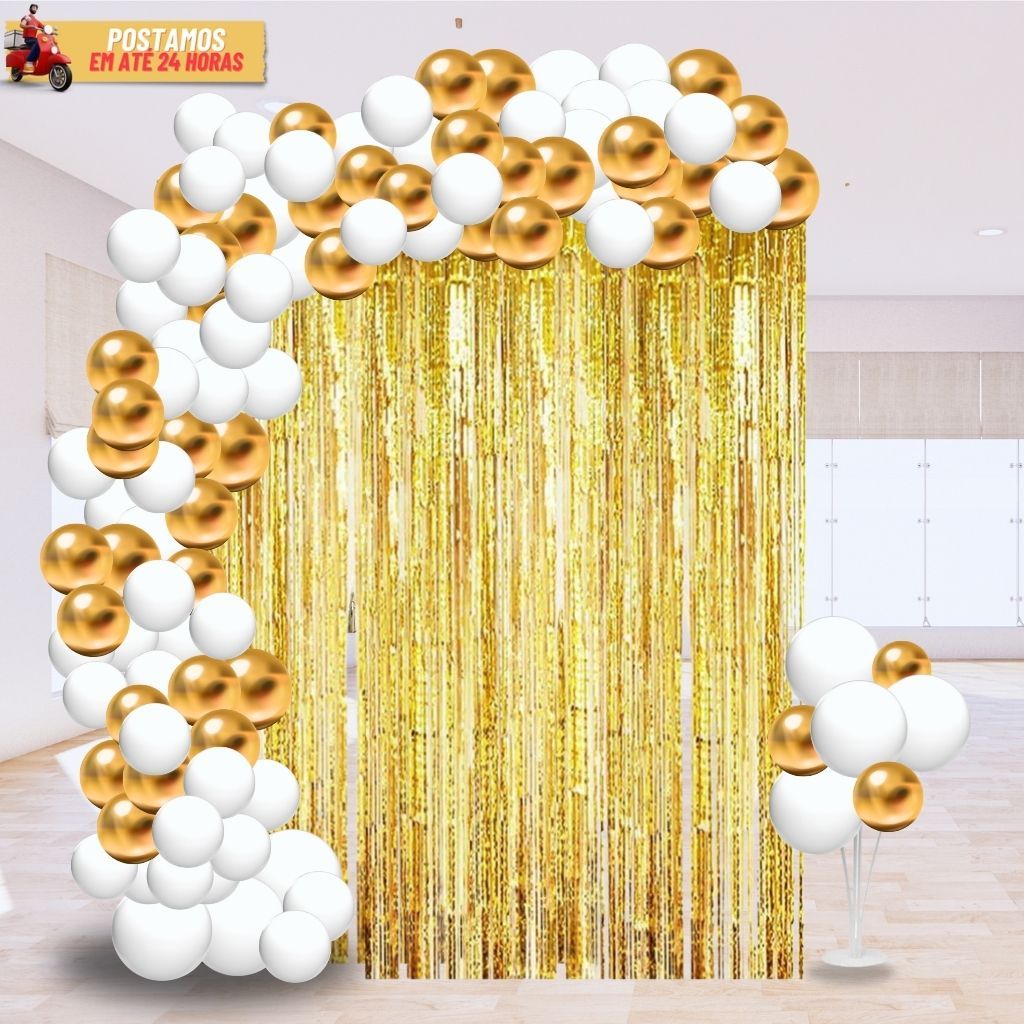 Kit 100 Balão Latex e Cromado Branco Dourado + Cortina Metalizada Decoração Para Aniversário Festas em Oferta na Shopee