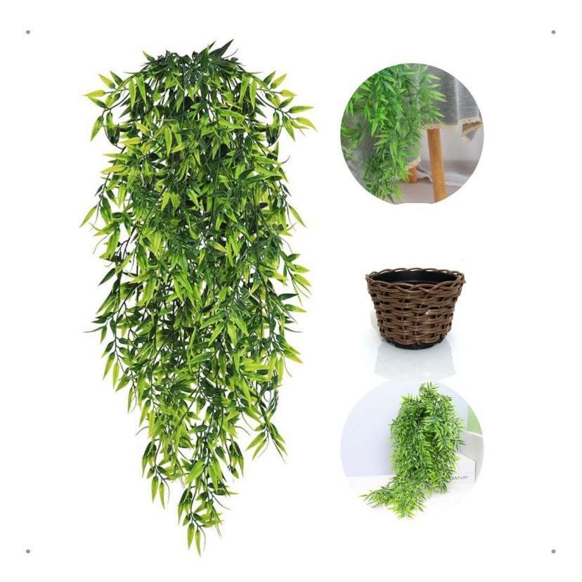KIT 2 Arranjos Pendente Artificial De Bambu 80cm + Vaso Vime Sintético Para Decoração