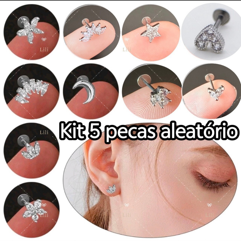 Kit 5 Peças Piercing Labert Sortidos Para Orelhas/ Tragus /Cartilagem/Helix